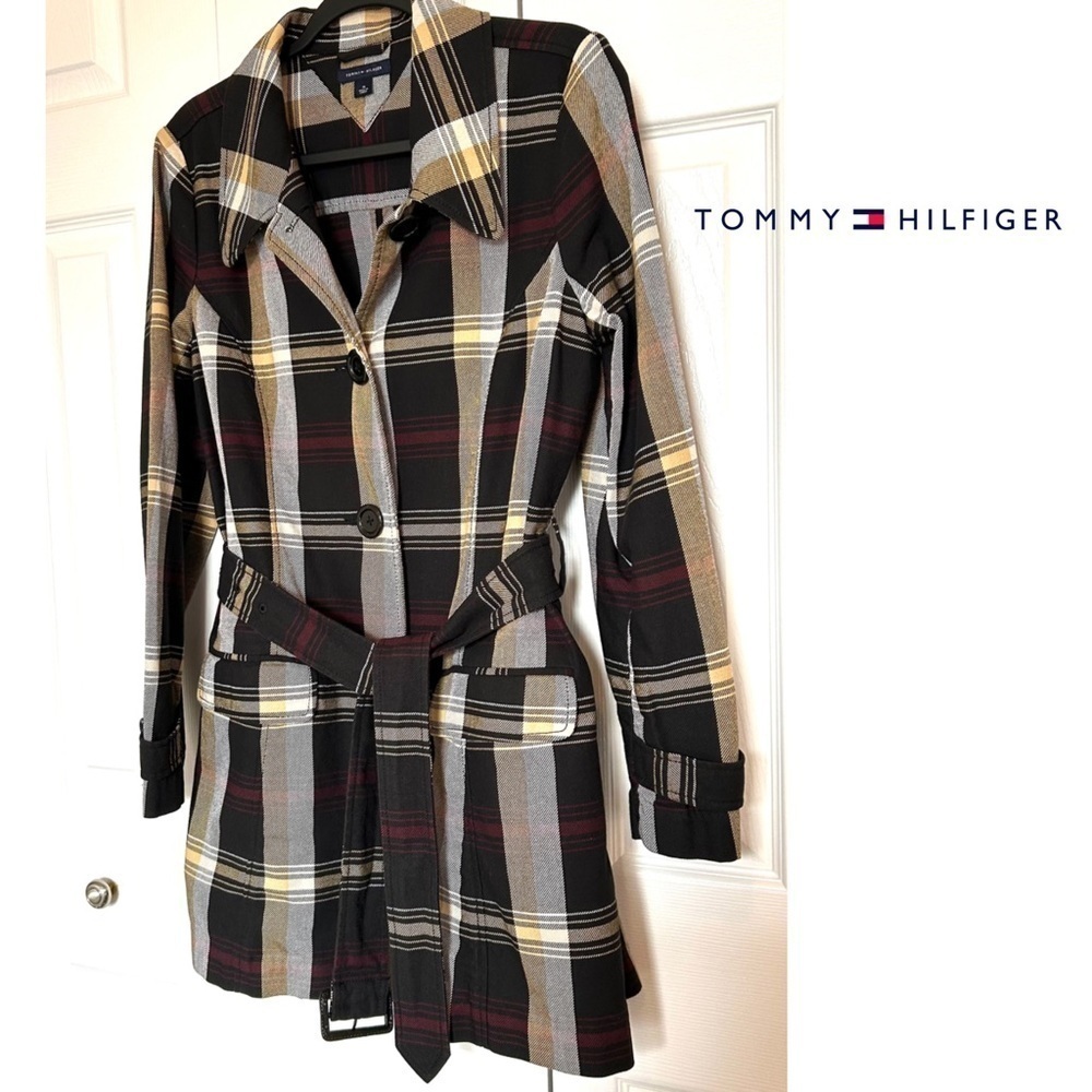 Tommy Hilfiger Cotton Plaid Belted Short Trench Coat Size Medium